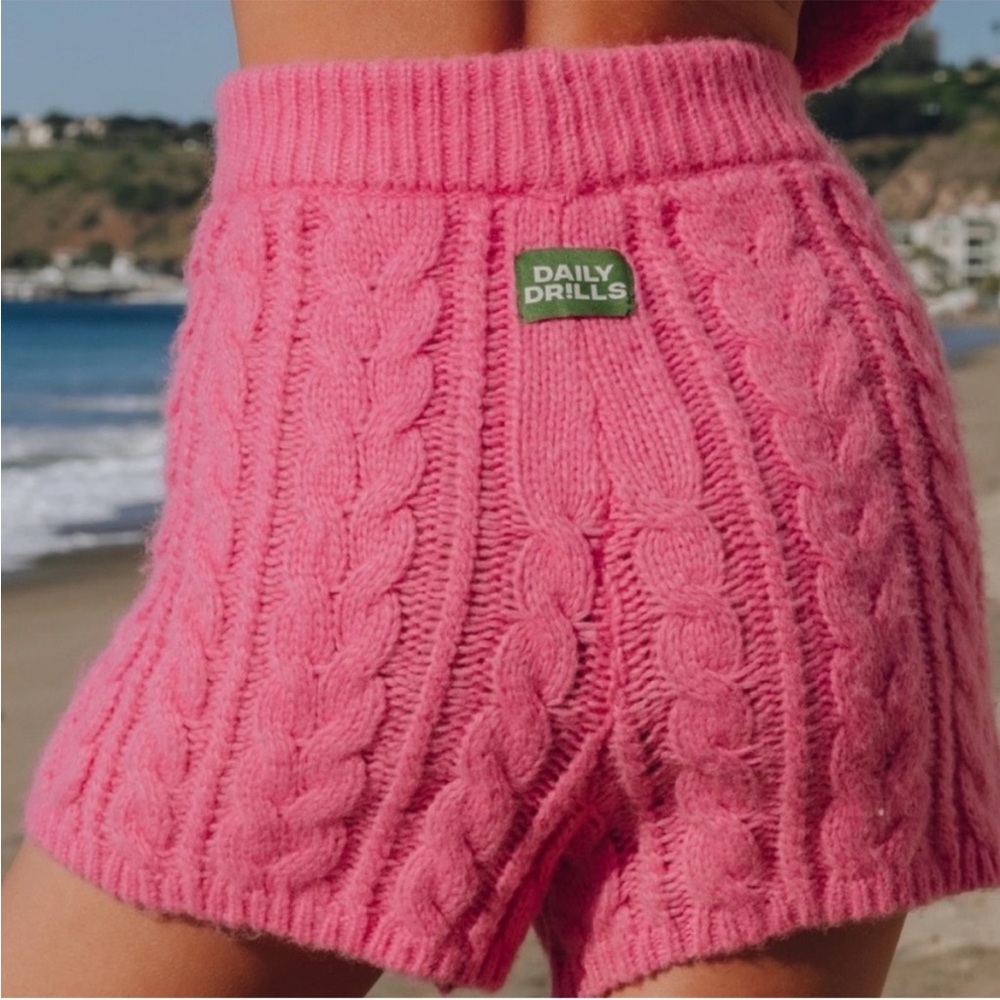 Daily Drills High Waist Pink Cable Knit Shorts